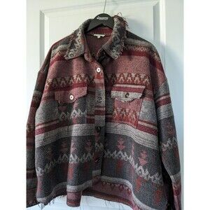 La Miel Women Size L/XL Blanket Jacket Boho Southwest Aztec Shacket Red Native